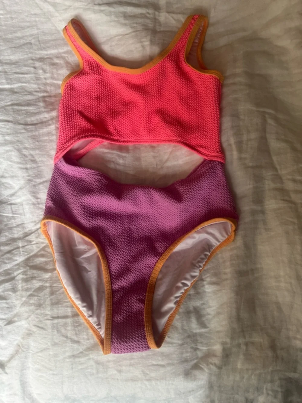 Old Navy Pink and Purple Cutout One-Piece Swimsuit with Orange Trim
